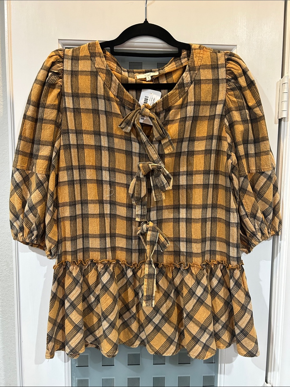 Easel Mustard Plaid Tie-Front Peplum Tunic Top